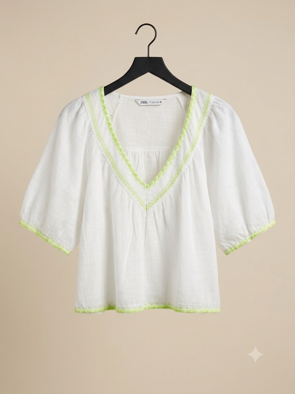 Zara White Peasant Blouse with Neon Green Trim